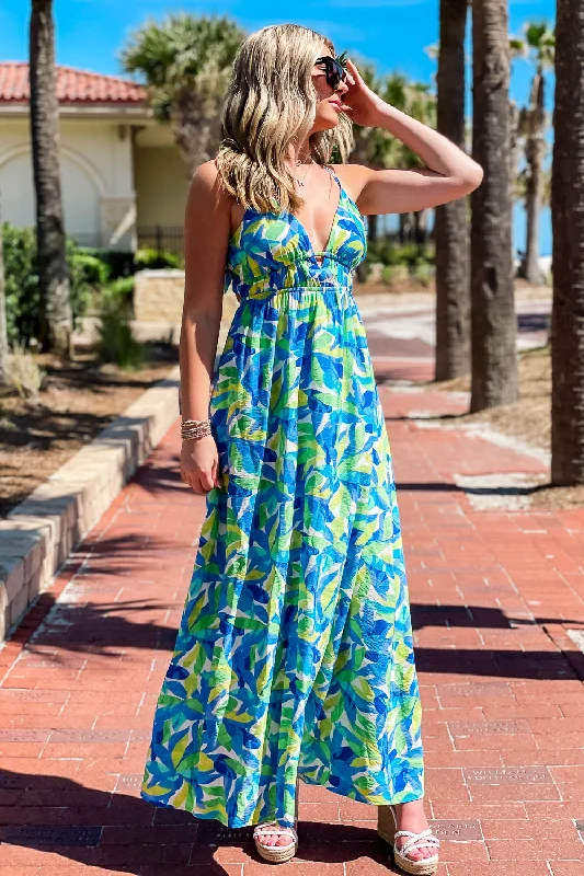 Summertime Fun Back Tie Maxi Dress - Blue Multi Denim unclassified dresses