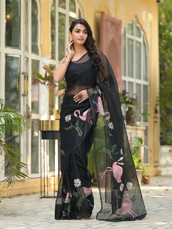 Divena Black Hand painted Organza Saree Tiered unclassified dresses