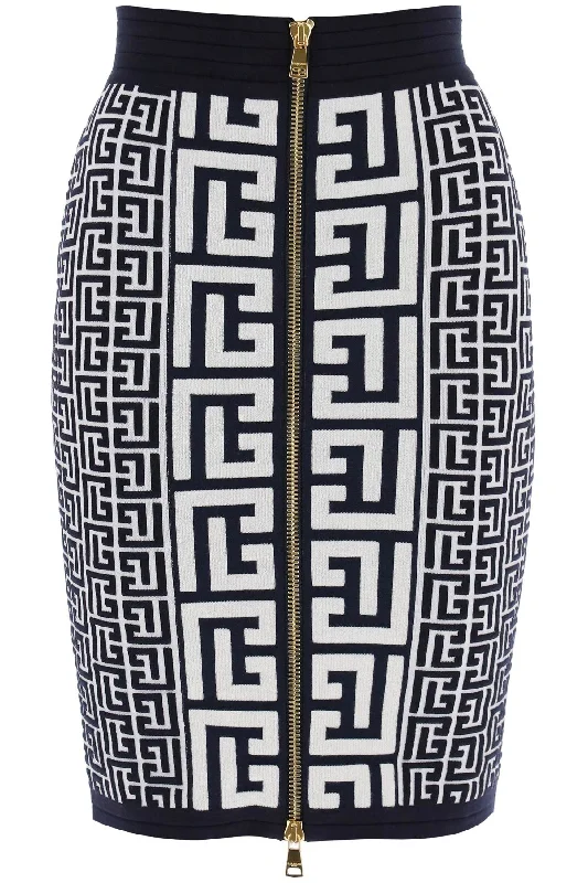 Balmain pencil skirt in monogram knit BF1LC006KE67 BLANC BLEU MARINE FONCE