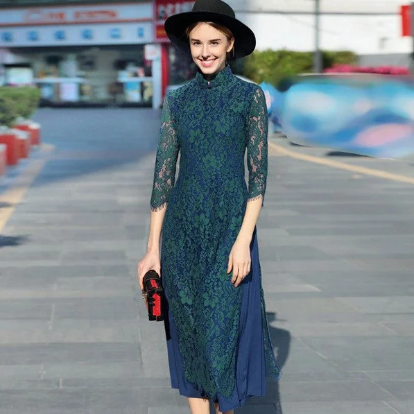 Cheongsam Top Floral Lace Tea Length Ao Dai Dress