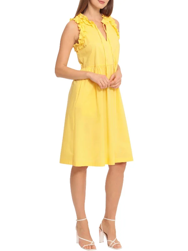 Womens Tie Neck Ruffled Midi Dress Soft A-line Skirt
